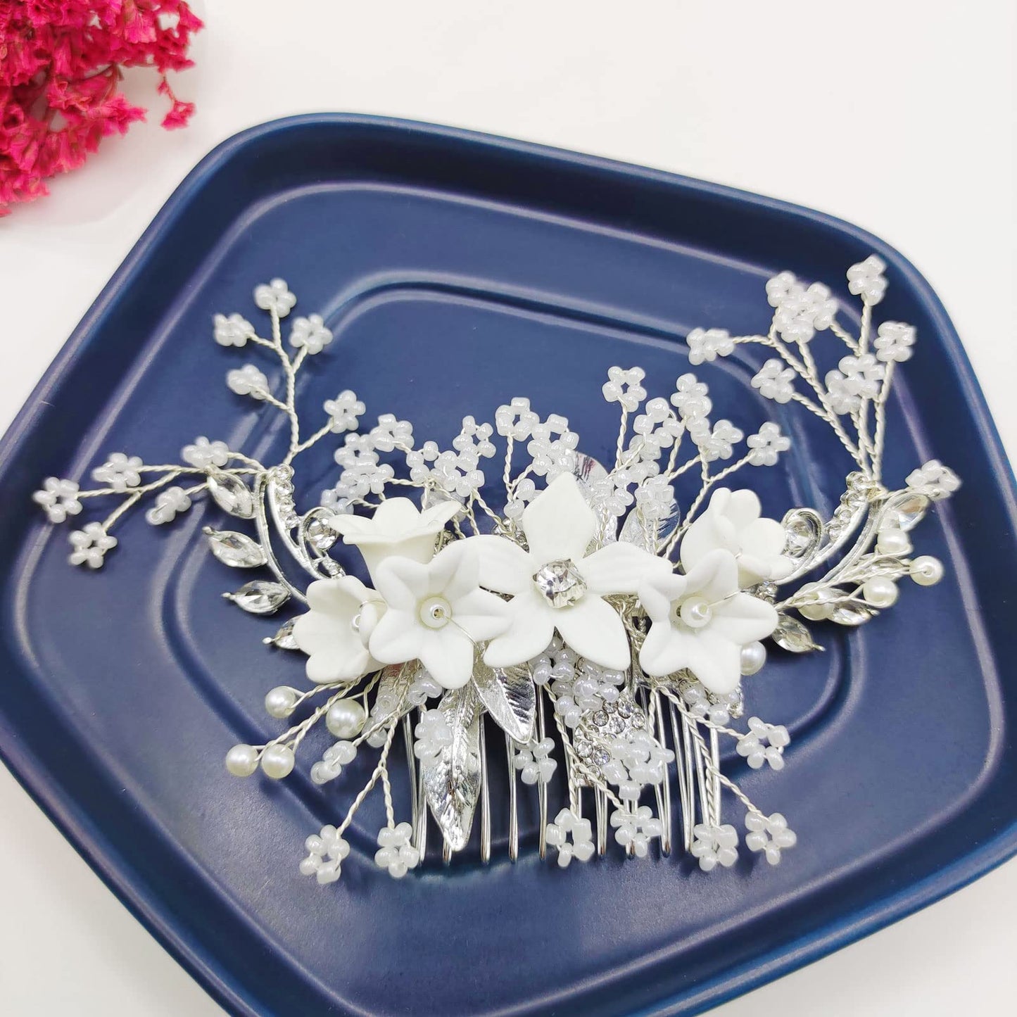 QUEOUNR Pearl Wedding Hair Comb, Bridal Hair Combs Decorative White Hair Accessories with Flower Rhinestone Hair Pins Clips for Women Girls,H07