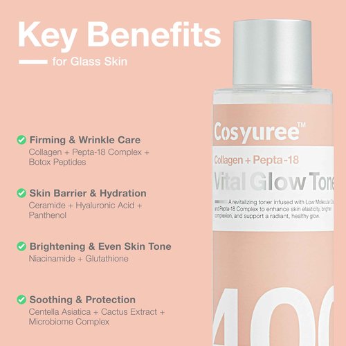Cosyuree Collagen + Pepta-18 Vital Glow Toner, pH 5.5 Toner, pH Balancing, Absorbing Boost, Calming Skin, Refreshing, Hydrating, Purifying, Korean Skincare, 200ml/6.76 fl.oz