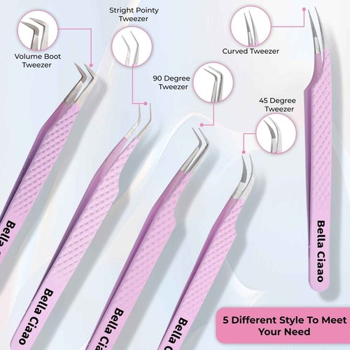 Bella Ciaao Lash Tweezers Pack of 5 – Eyelash Extension Tweezers Set for Professionals