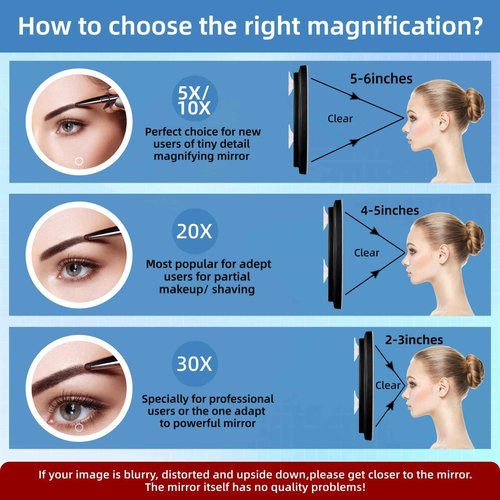 JJhxr 30X Magnifying Mirror with Lights, 30x Magnified Mirror with 3 Color Lights Adjustable Brightness, Rechargeable 6inch Travel Magnification with 3 Suction Cups - Includes Tweezers & Scissors