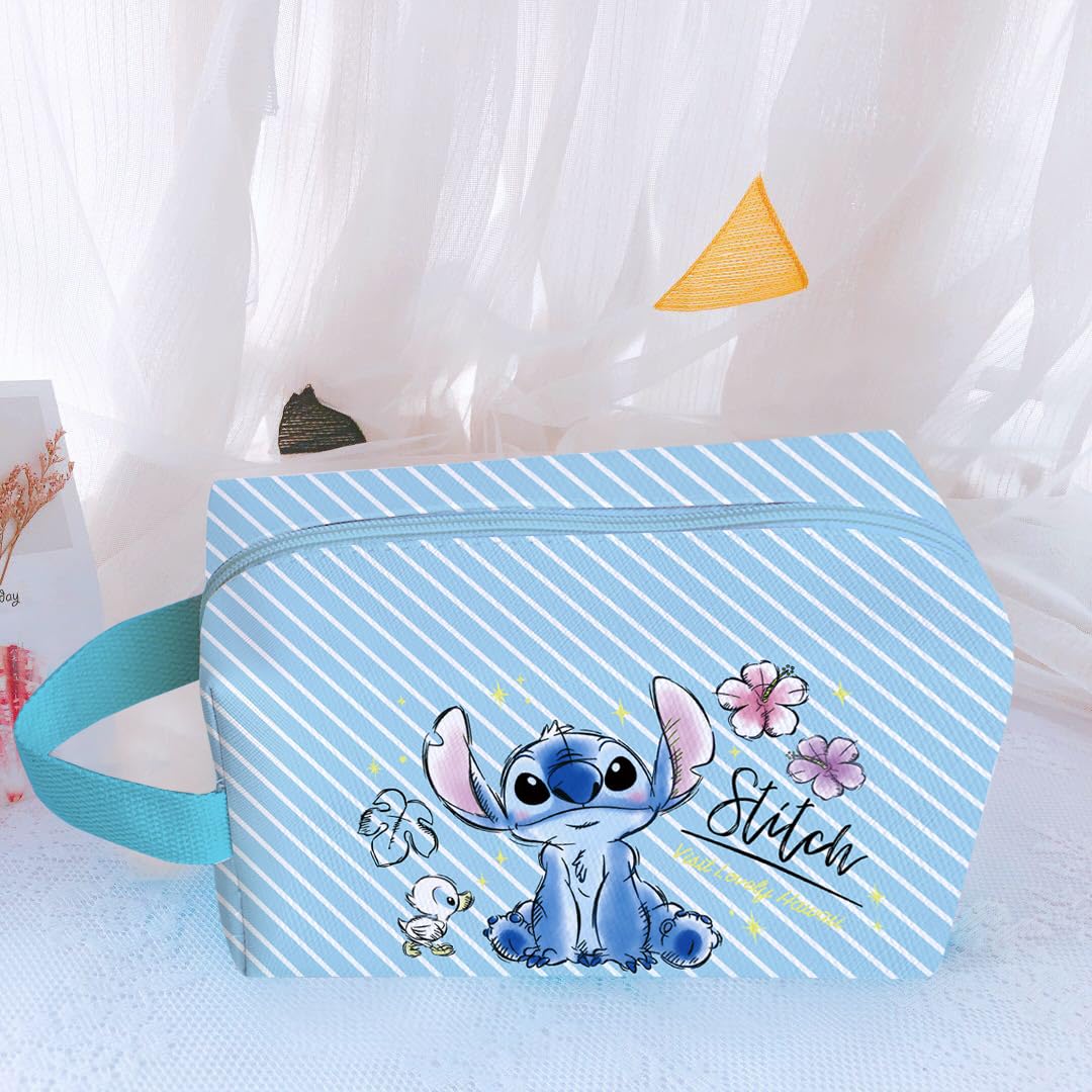 Stitch Travel Cosmetic Bag + Double Sided Cosmetic Mirror+Stitch Bracelet,.Large Capacity PU Bag. Stitch Stuff Gift. Foldable Makeup Accessories are Perfect Gifts for Girls and Women