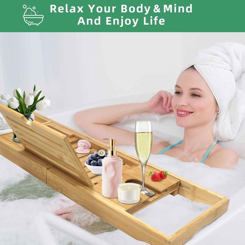 my novel things Bathtub Tray, Foldable Bath Tray for tub, Bamboo Bathtub Trays for tub, Luxurious Bath Accessories with Wine, Book & Tablet Holder - Expandable Size Fits Most Tubs - Wedding Gifts