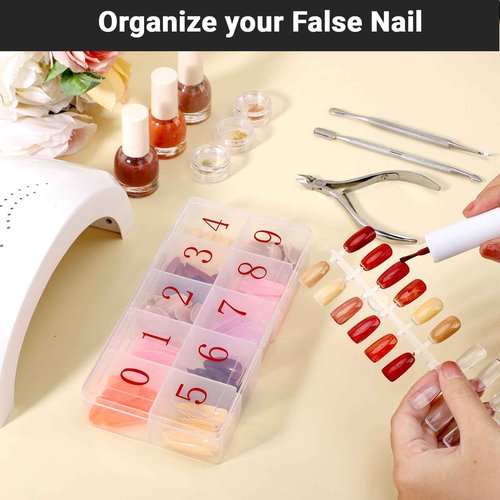 Cosics Acrylic Fake Nail Organizer Case, 2PCS 10-Compartment Nail Tip Storage Box with Number, 10 Space Rhinestone Nail Art Accessories Container, Clear Plastic Nail Box for Jewelry Charms Gem Vitamin