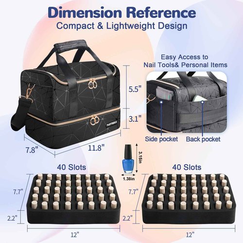Partreko Nail Polish Organizer Holds 80 Bottles (15ml/0.5 fl.oz)& Nail Lamp, PU Leather Nail Organizers and Storage Bag with Shoulder Strap, Portable Nail Supplies Kit Organizer Carrying Case (Black)
