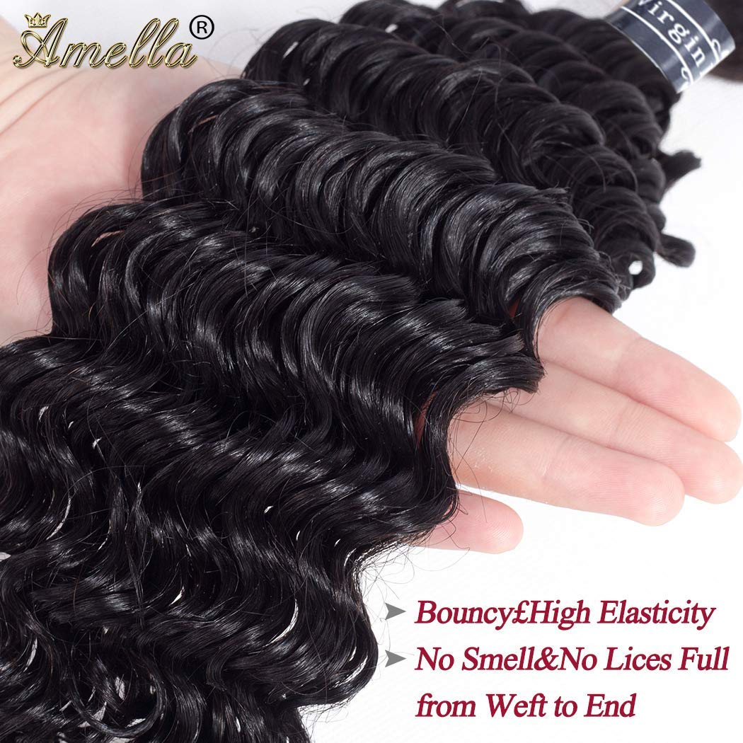 Amella Hair 8A Grade Brazilian Hair Deep Wave Virgin Human Hair Extensions Brazilian Deep Wave Hair Weave 3 Bundles Unprocessed Natural Black Color 12 14 16inch