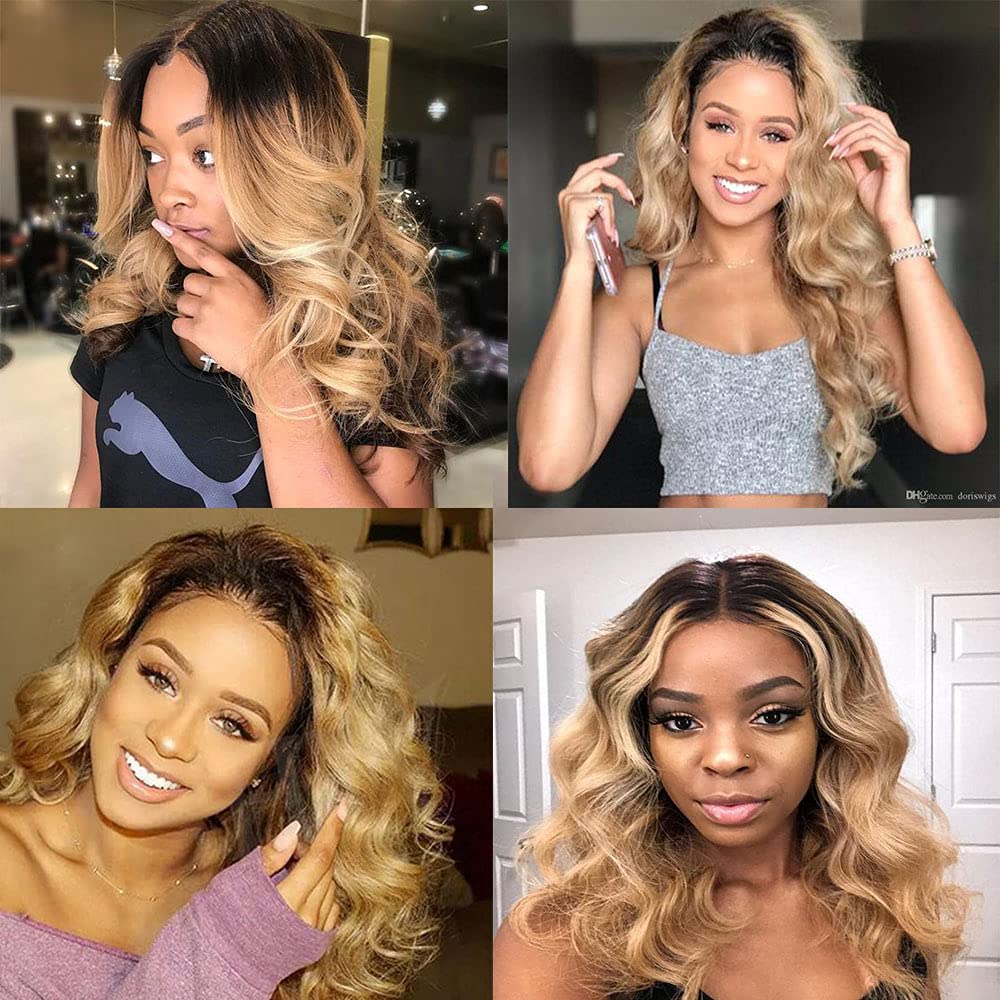 Ombre Bundles 1b/27 Body Wave Human Hair Bundles Two Tone Black And Blonde Human Hair 1 Bundle 14 Inch Brazilian Virgin Soft And Shiny Remy Hair Extensions For Black Women 100g/Pc