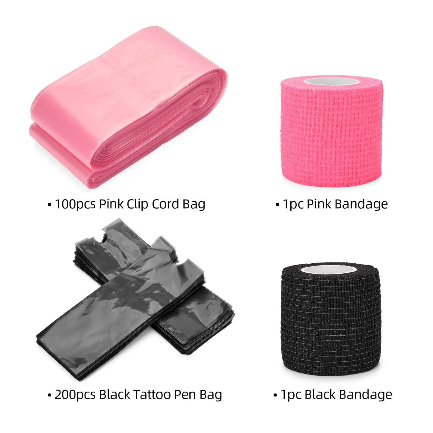 ATOMUS 200pcs Disposable Tattoo Pen Bag 100pcs Tattoo Clip Cord Bag with 2pcs Self-adhesive Bandage Plastic Cover Bags Tattoo Machine Accessories (Pink)