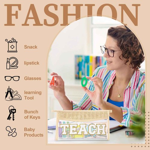 Teacher Appreciation Gifts Boho Straw Clear Makeup Bags, Zipper Cosmetic Bag Chenille Letter Patch Bag, Preppy Cute Beach Toiletry Pouch, Trendy Graduation Retirement Birthday Teacher Gifts for Women