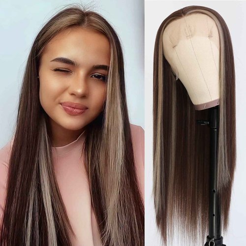 Lovestory Brown Hair Highlights 13x3 Synthetic Lace Front Wigs Long Straight Blonde Highlights Hair Wig Heat Resistant Synthetic Lace Front Wigs for Fashion Women