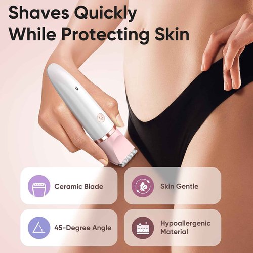 Bikini Trimmer for Women, Painless Electric Razor Shaver Women - Rechargeable Body Hair Trimmer, 3-In-1 Detachable Removal Kit with Ceramic Blade, Cordless Lady Shaver for Trip, IPX7 Waterproof, Peach