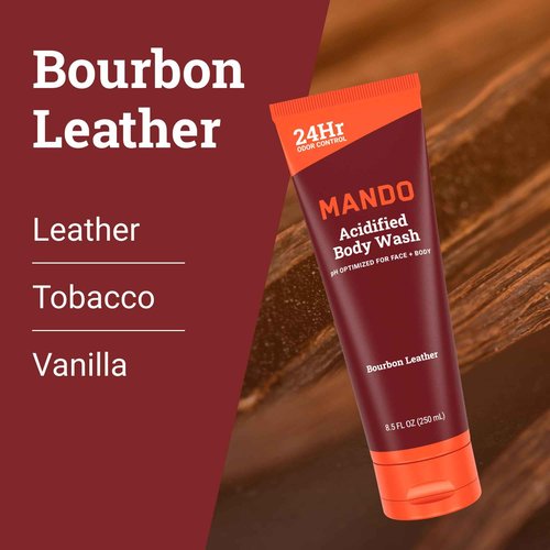 Mando Odor Shield Body Wash - 24 Hour Control - Removes Odor Better than Soap - SLS Free, Paraben Free, Skin Safe - 8.5 Ounce (Pack of 2) (Bourbon Leather)