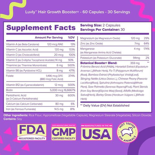 Luvly Hair Growth Booster+ Natural Hair Growth Vitamins for Women with Thinning Hair - Biotin & Vitamin Supplements with Plant Based Complex for Thickening, Longer, Stronger Hair Skin Nails - Non-GMO