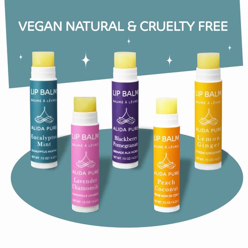 ALIDA PURE Duet Lip Balm Collection, Vegan Set, Beeswax Free, with Organic Jojoba, and Avocado Oil, Vitamin E, Natural Moisturizer for Dry, Chapped Lips, 5 Tube Set