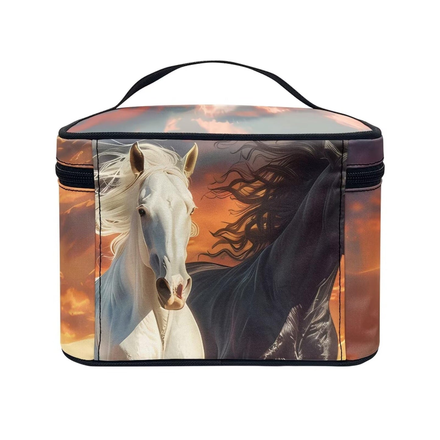 Psaytomey Cosmetic Brush Bags Case for Women Black White Horse Printed Travel Makeup Bags for Storage Brush Tools Concealer Lipsticks Toiletries Accessories