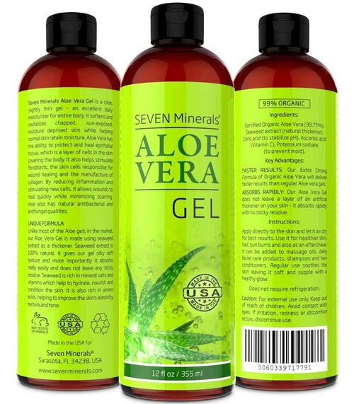 Seven Minerals Aloe Vera Gel - 99% Organic, Big 12 oz - NO XANTHAN, so it Absorbs Rapidly with No Sticky Residue - made from REAL JUICE, NOT POWDER (Pack of 2)