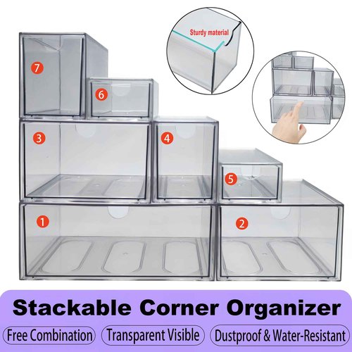 MINIBIGBOX 7 Pack Stackable Storage Drawers Acrylic Bathroom Makeup Organizer Clear Plastic Storage Bins for Makeup,Vanity,Pantry,Desk,Undersink,Kitchen