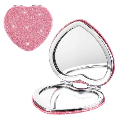 Mabor Heart Compact Mirror 2X/1X Magnifying - Double Sided Glitter Makeup Mirror, Portable Folding Travel Mirrors for Women, Girls (Pocket Size)