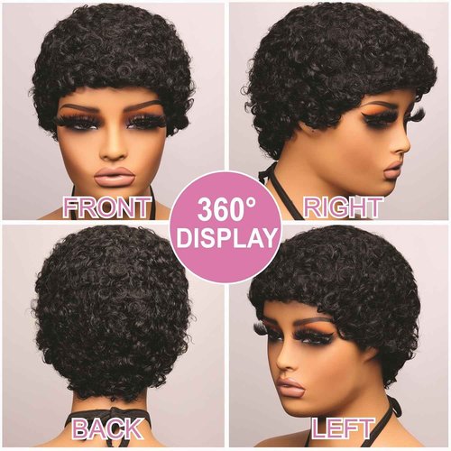 Msviki Short Curly Pixie Cut Wigs with Bangs Human Hair for Black Women Non Lace Full Machine Made Cap Human Hair Pixie Wig Brazilian Virgin Glueless Bob Wig Short Layered Wigs For Women