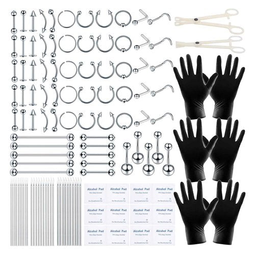 ChiMunllin 120PCS Body Piercing Kit Surgical Steel 14G 16G 20G BCR CBR Labret Lip Rings Cartilage Daith Earrings Nose Septum Nose Studs Belly Button Rings Jewelry Needles Gloves Clamps Tools