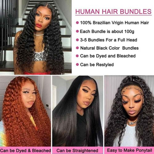 Deep Wave Human Hair Bundles 10 12 14 Inch Deep Curly Bundles Human Hair Double Weft 12A Brazilian Virgin Remy Hair Full and Thick