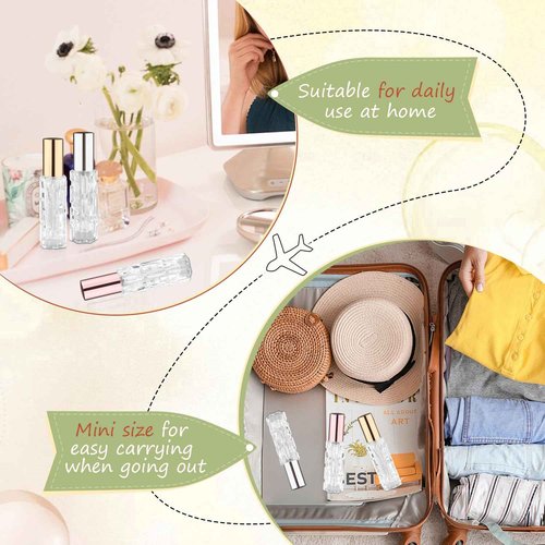 DynnnDy 12Pcs 10ml Clear Glass Spray Bottles with Rose Gold Lid Mini Refillable Perfume Dispenser Fine Mist Atomizer Empty Sample Containers for Essential Oils Skin Care Products Cleaning