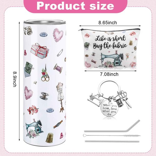 Abbylike 3 Pcs Sewing Quilter Gifts with 20oz Stainless Steel Tumbler Cosmetic Bag Keychain Funny Quilting Birthday Gifts for Seamstress Women Sewing Lovers