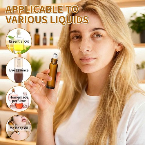 48 Pack 10ML Roller Bottles for Essential Oil, Empty Amber Glass Roller Bottle for Perfume Oil, Roll on Bottles with Stainless Steel Roller Balls, Opener, Funnel and Dropper for Aromatherapy, Massage