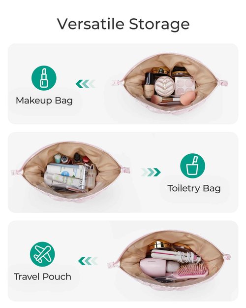 BAGSMART Quilted Travel Makeup Bag, Puffy Toiletry Organizer with Wide Opening, Cosmetic Storage for Women's Accessories, Purple