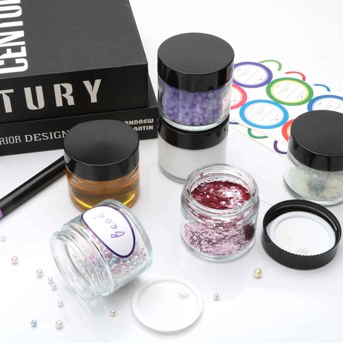 2oz Small Travel Containers with Black Lids,48 Pack Glass Jars with Mini Disposable Spatula for Toiletries，Travel Storage，Makeup Beauty Products, Lotions, Powders and Ointments