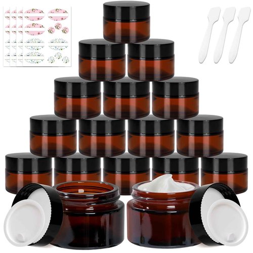 Keketin 1 oz Amber Glass Jars,24 Pack Empty Cosmetic Containers with Black Screw Lids,Refillable Round Cream Jars for Lotion,Bath Salts,Travel