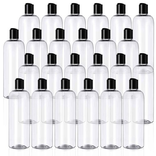 Nuenen 24 Pieces Plastic Empty Bottles Clear Squeeze Travel Containers with Black Disc Cap Refillable Shampoo Travel Bottles for Toiletries Lotion Container for Body Soap Cream(16 oz)