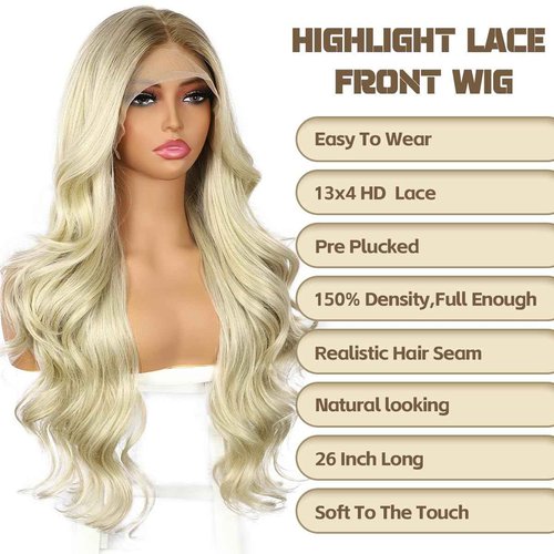 BABEHERS Blonde Lace Front Wig for Women 13x4 Body Wave Synthetic Wig Omber Pre-plucked Long Wavy 150% Density Natural Heat Resistant Hair Daily Use 26 Inch