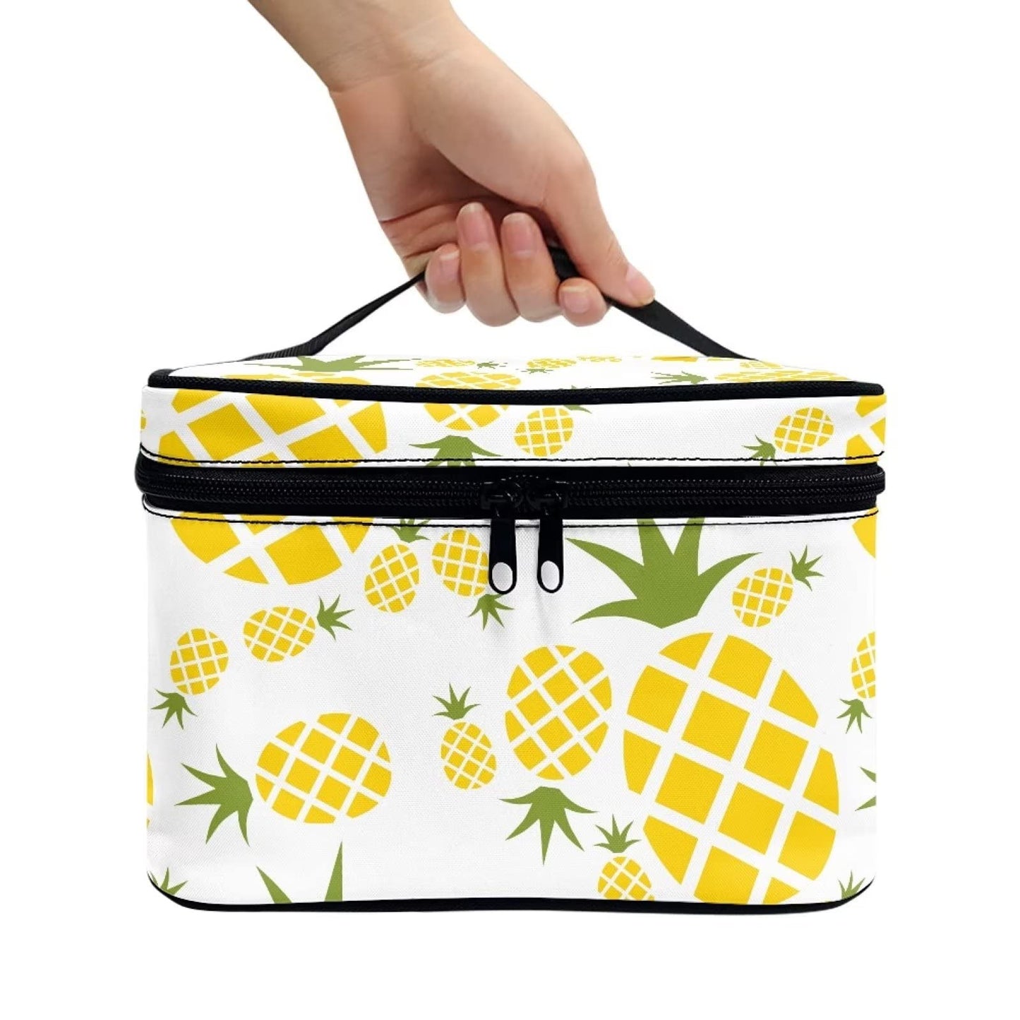 JEOCODY Pineapple Print Makeup Bag Portable Cosmetic Bag Portable Travel Makeup Train Case with Handle for Cosmetics Makeup Brushes, Girls, Women, Friends Gifts