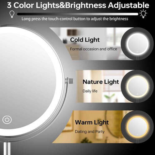 LANSI 8" Lighted Makeup Mirror with 3 Color Lights and 1X 10X Magnification, Magnifying Vanity Mirror with Jewelry Holder and Storage Base, Dimmable,Touch Control, Chrome