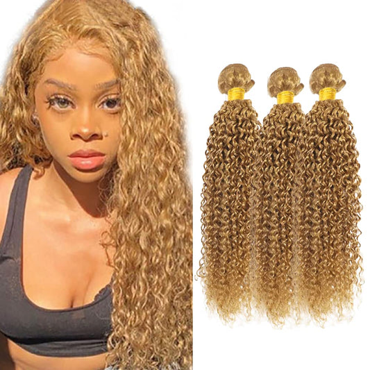 Blonde Bundles Human Hair Color #27 Curly Bundles 16 16 16 Inch 8A Brazilian Virgin Hair Same Length 3 Bundles Honey Blonde Kinky Curly Bundles Hair Weave 27 Blonde Bundles