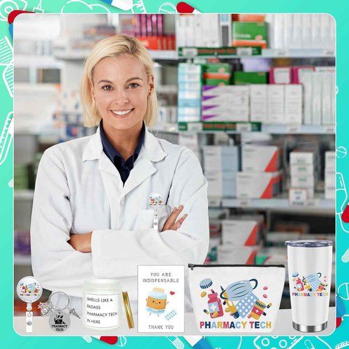 Yoloodayy 6 Pcs Pharmacy Technician Gifts Include Cup Portable Cosmetic Bag Badge Keychain Aromatherapy Thank You Card Pharmacy Technician Accessories for Doctors Nurses Week Gift Supplies