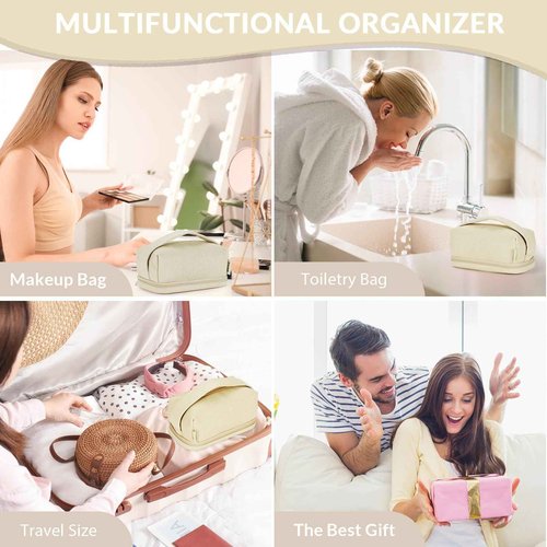 Large Capacity Travel Cosmetic Bag for Women, Girls, Leather Double Layer Portable Makeup Bag with Brush Compartment for Travel Bathroom Beige