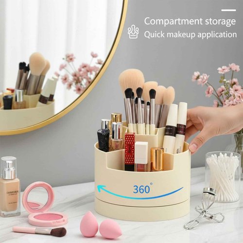 Tidyladyo Large Plastic Makeup Organizer with Rotating Brush Holder for Vanity - Bathroom Countertop Skin Care Storage, Easy for Lipsticks, Nail Polishes, Perfumes & Eyeshadow Palettes