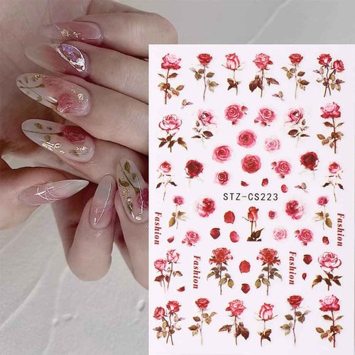 6 Sheets Flower Nail Art Stickers 3D Self-Adhesive Spring Rose Nail Decals Charming Pink Rose Floral Designs Nail Stickers for Acrylic Nail Art Red Rose Nail Art Decoration for Women Girls DIY