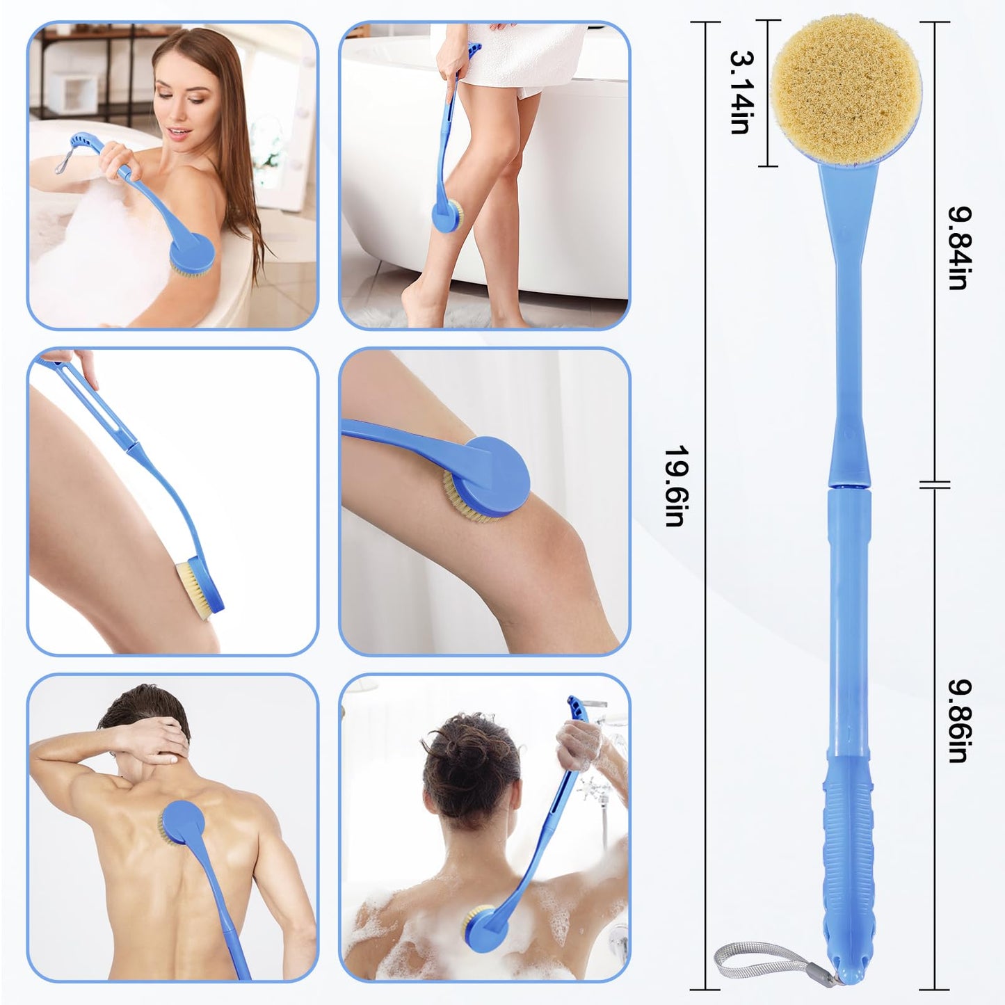 Back Scrubber for Shower, 20.5” Back Brush Long Handle for Shower, Detachable Body Exfoliator for Bath or Dry Brush for Elderly with Limited Arm Movement, Disabled (Blue)