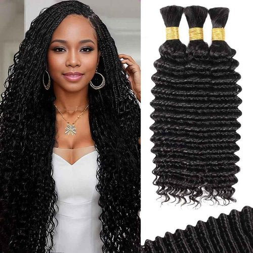 100g 3 Bundles/Pack Human Braiding Hair for Boho Braids 14 Inch Curly Boho Hair for Braiding Knotless 12A Deep Wave Bulk Bohemian Natural Black