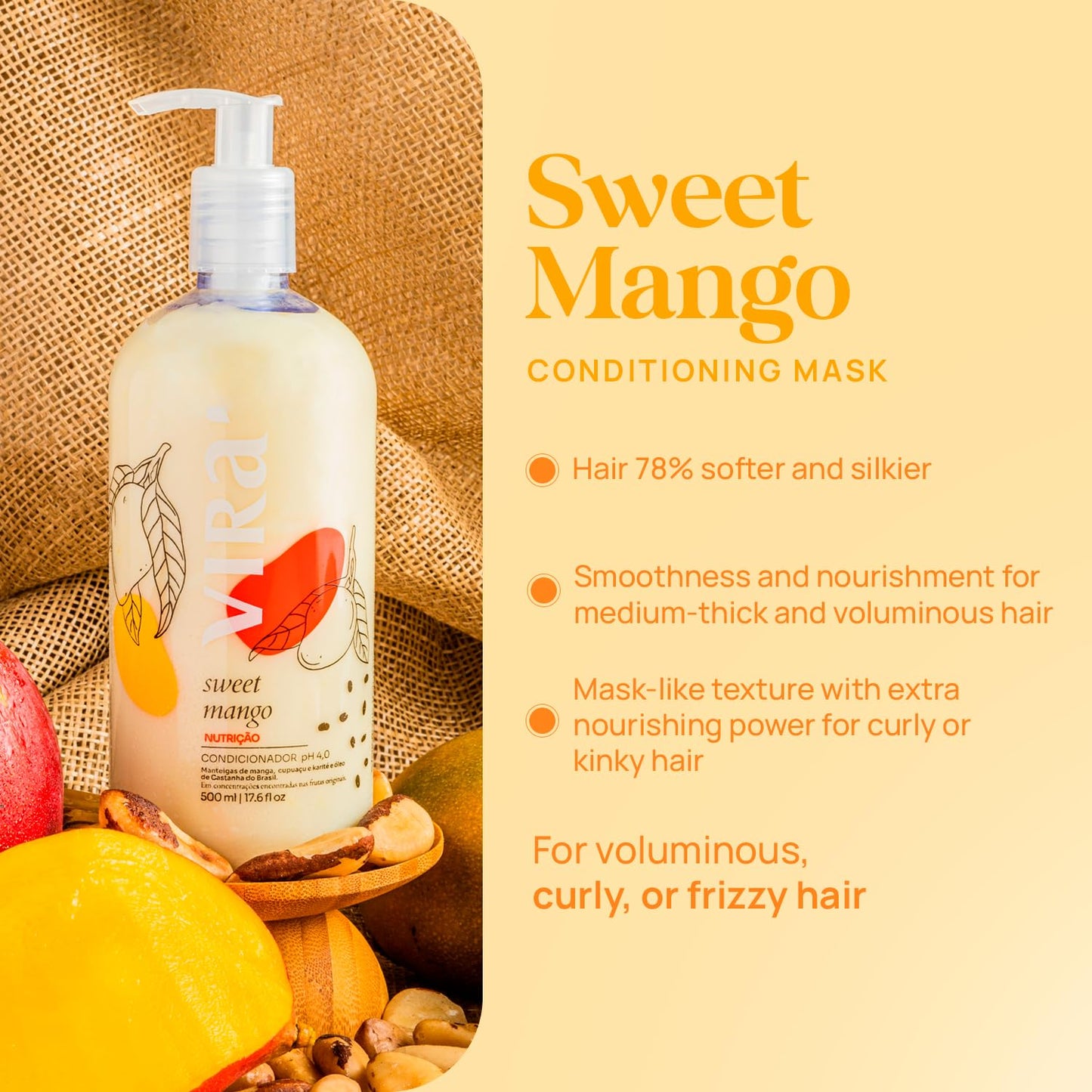 VIRÁ Brazilian Shampoo and Conditioner Set, Parabens Free, Curly and Wavy Hair, Deep Moisturizing and Nourishing Treatment, Volume Control, Sweet Mango 17.6 Fl Oz Each