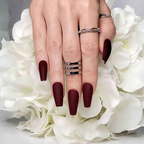 Hypnaughty Press On Nails - Maroon Xtreme & Noir Matte Coffin, Trendy & Salon Quality Reusable Nails With Kit