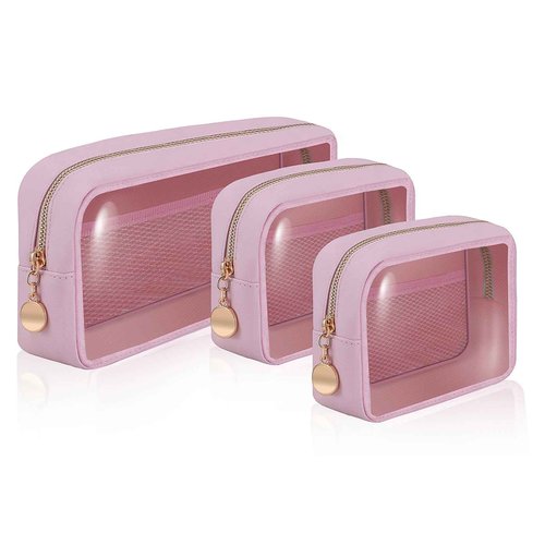 CHICREEN 3 Pack Clear Toiletry Bag,Portable Travel Makeup Bags with Zipper, TSA Approved Clear Organizer Bags,Make Up Pouches, Carry-on Travel Accessories Essentials,Gifts for Women,Pink