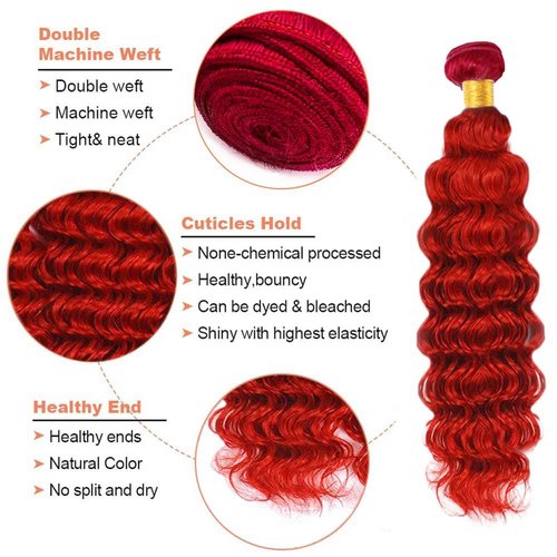 Red Deep Wave Human Hair Bundles 30 Inch Deep Single Bundle Light Red Color Human Hair Unprocessed Native Virgin Hair 100g Total Double Weft Crochet Human Hair Extensions for Women