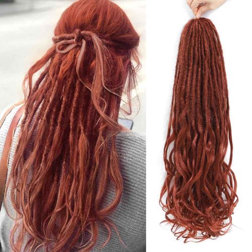 Aguacor Loose Wave Dreadlocks Synthetic French Curly Double Ended Dreadlock Extensions 24inches 30 Strands Thin Soft Red Brown Spanish Curly DE Dreadlock Extensions for Women (30 Strands, 350#)