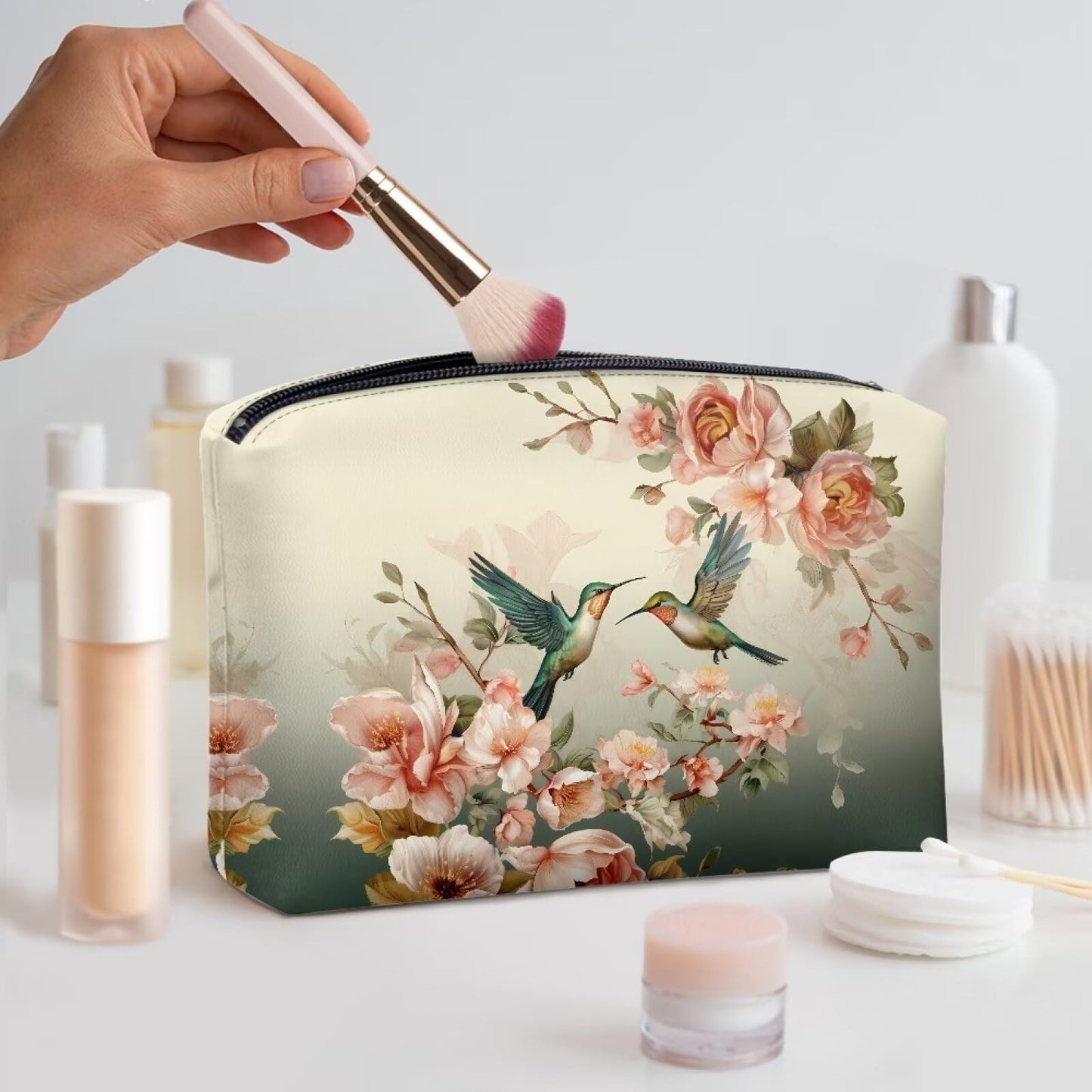 ELEDIZI Hummingbird Makeup Bag Zipper Waterproof Portable Travel Storage Pouch Pu Leather Waterproof Cosmetic Bag Lightweight Toiletry Bags for Traveling Women Fashion Clutch Purses for Women