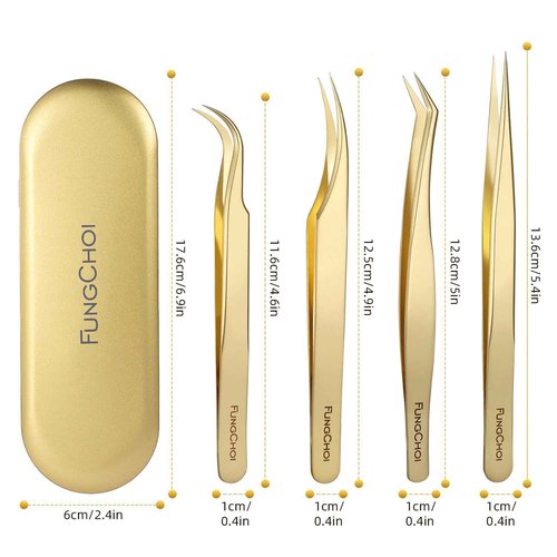 FungChoi 4-Piece High Precision Eyelash Extension Tweezers Set, Straight and Curved Lash Tweezers for Extensions, Volume Lash Tweezers for Crafting, with Iron Box Packaging