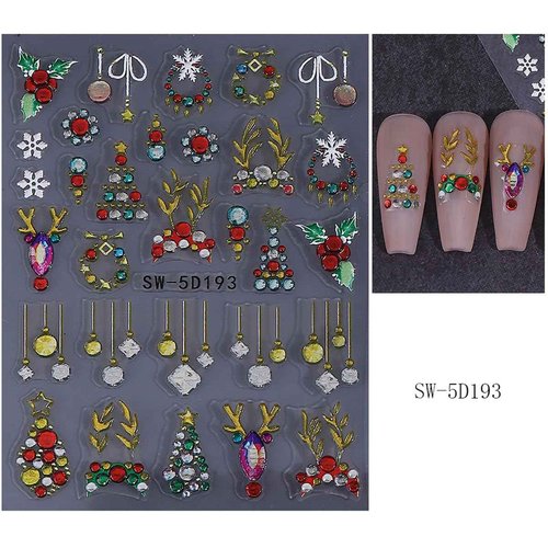 5D Embossed Christmas Nail Stickers for Nail Art - Gold Glitter Nail Art Stickers Xmas Tree Elk Deer Nail Decals Cartoon Nail Supplies for Women DIY Christmas Decorations 2 Sheets