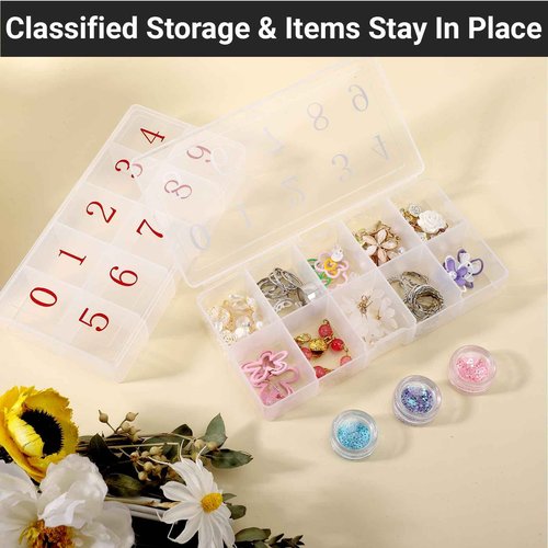 Cosics Acrylic Fake Nail Organizer Case, 2PCS 10-Compartment Nail Tip Storage Box with Number, 10 Space Rhinestone Nail Art Accessories Container, Clear Plastic Nail Box for Jewelry Charms Gem Vitamin